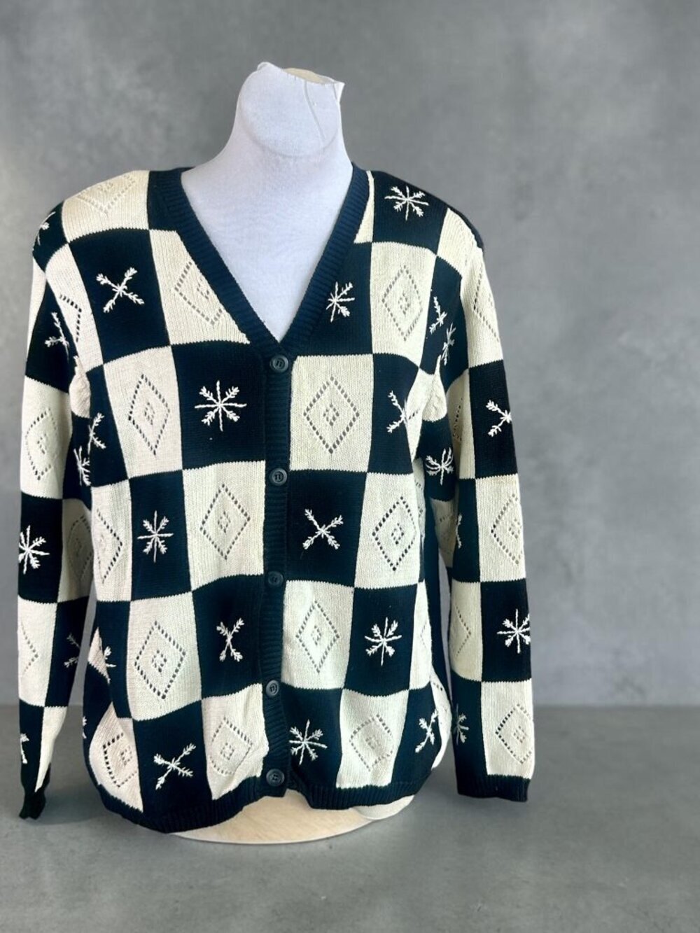 Liz Claiborne Vintage Black and White Checkered Cardigan Sweater Size 1X